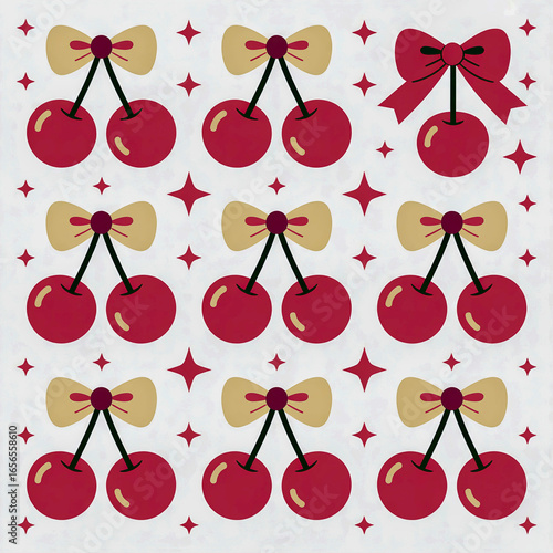 A seamless repeating pattern of paired cherries tied with cute pink bows, accented by small diamond shapes. The playful, minimal cartoon style gives it a sweet and charming retro aesthetic.