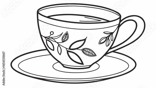 A teacup with a floral design sitting on a saucer in a black and white line drawing illustration