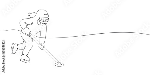 One line drawing of a female ringette player in skates and helmet running with stick and ring. Minimalist linear illustration. Winter team sport and Olympic games concept.
