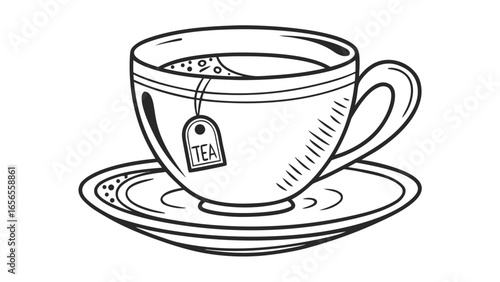 A cup of tea with a tea bag and saucer in black and white line art illustration style drawing design