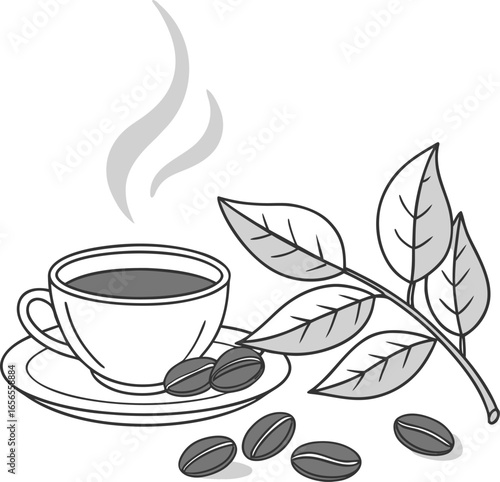 Illustration of a steaming cup of coffee with coffee beans and leaves isolated on white background