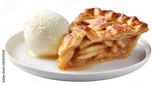 A warm slice of classic apple pie with a lattice crust, served à la mode with a scoop of creamy vanilla ice cream. A perfect, isolated dessert shot.