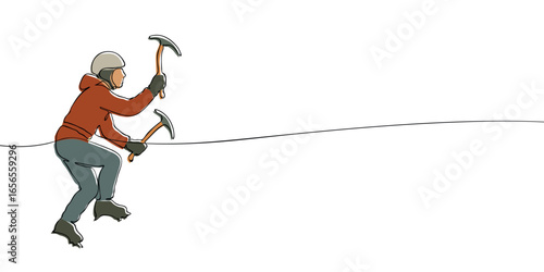 Ice climber wearing helmet and crampons using two ice axes. Minimalist continuous line color vector illustration. Winter sport for Olympic Winter Games climbing concept.