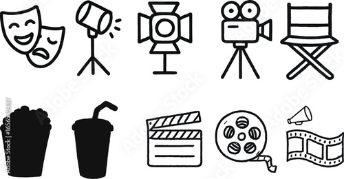 Movie and Cinema Icon Set – Film Reel, Clapperboard, Director Chair, Popcorn, Camera, Theater Mask, Vector Clipart