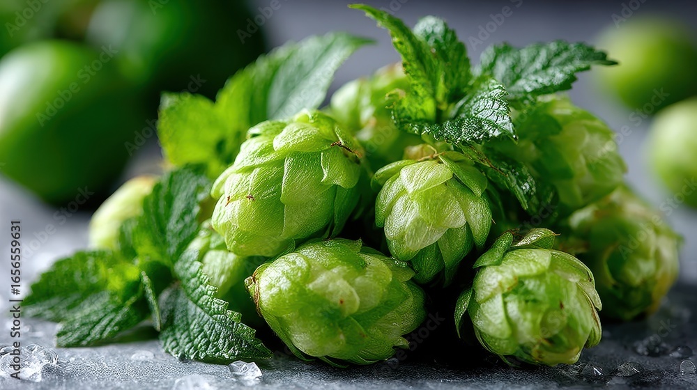 Obraz premium Fresh Green Hops and Mint Leaves on a Textured Gray Surface