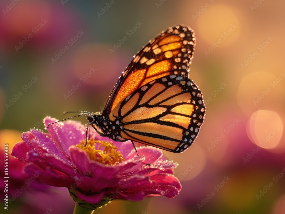 Fototapeta premium A Peaceful Monarch Butterfly on a Dewy Pink Flower