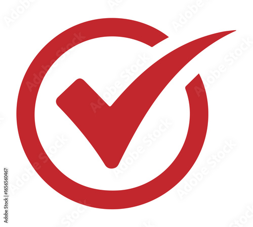 A bold red checkmark symbol enclosed within a matching red circular outline, signifying approval, completion, or correctness.