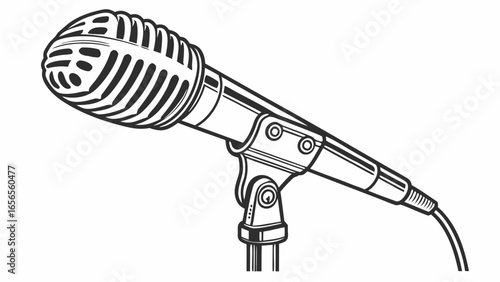 A vintage microphone on a stand with a cable in a black and white line drawing style illustration