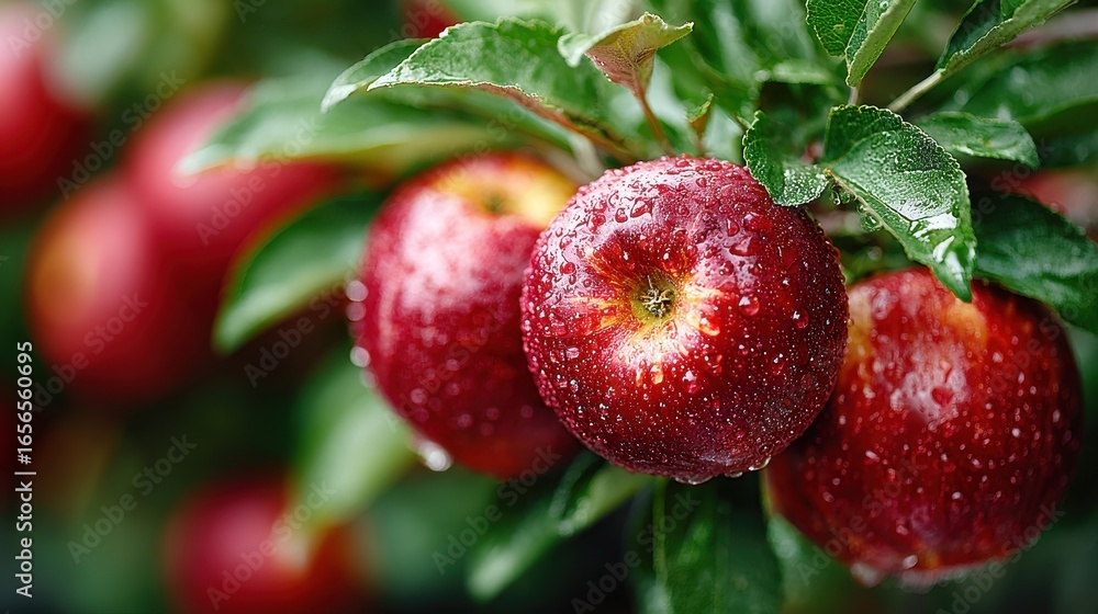 Obraz premium Fresh Red Apples on Tree Branch with Water Droplets in Orchard