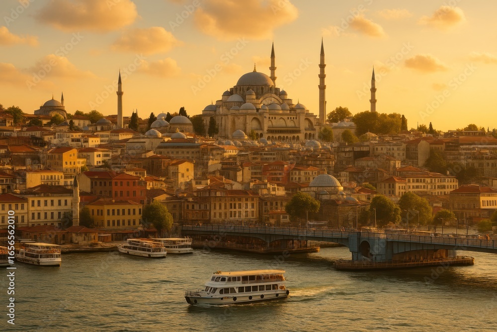 Obraz premium Historic Istanbul skyline at sunset.