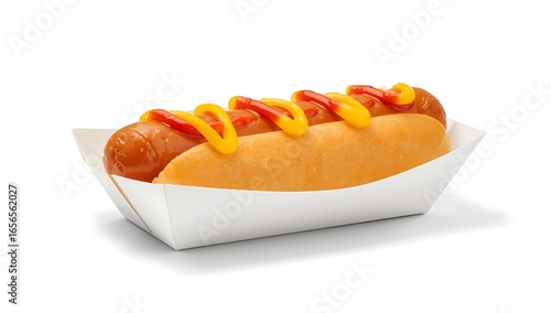 Classic hot dog with mustard and ketchup in a soft bun, served in a white paper tray on a white background