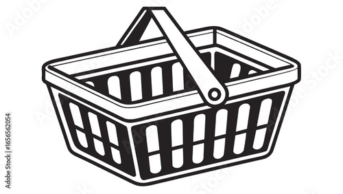 Illustration of a black and white shopping basket with a handle and a rectangular shape design object