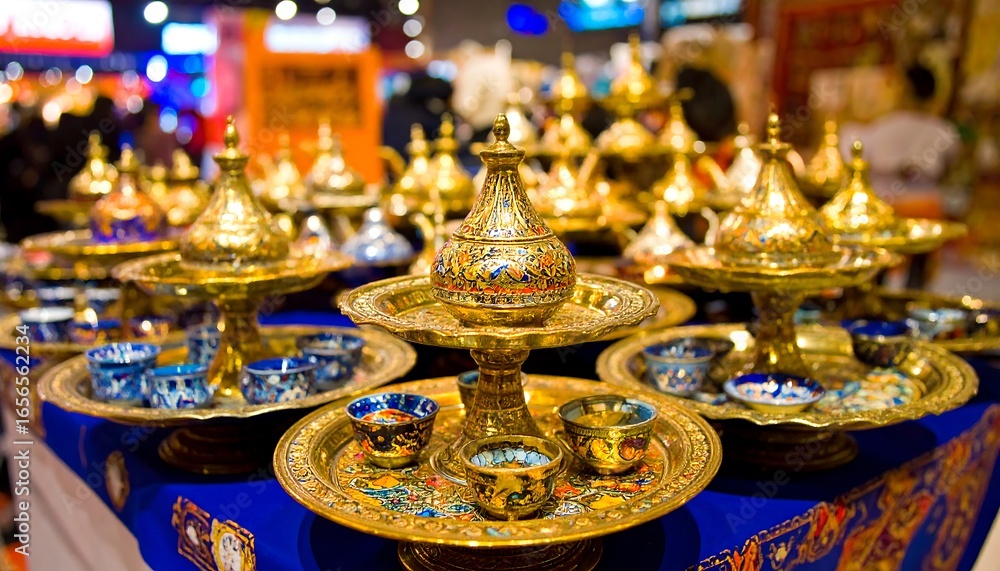 Fototapeta premium Gold-colored decorative tea sets displayed on a table.