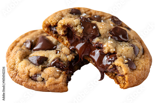 A warm, soft chocolate chip cookie broken in half, revealing a gooey, molten chocolate center. An irresistible, isolated shot for any bakery or cafe menu.