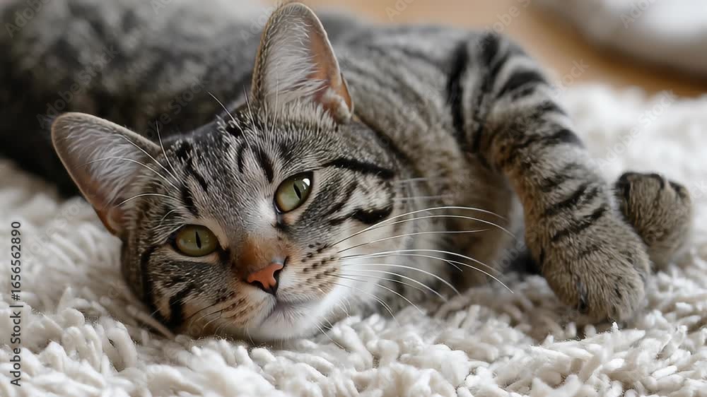 Contented Tabby Cat Lying on Soft Rug in Cozy Indoor Setting, Relaxing and Enjoying Peaceful Moment Contented Tabby Cat Lying on Soft Rug in Cozy Indoor Setting, Relaxing and Enjoying Peaceful Moment