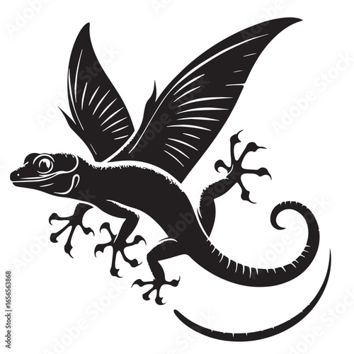 black Flying Gecko Silhouette Vector, High Quality Illustration on White Background
