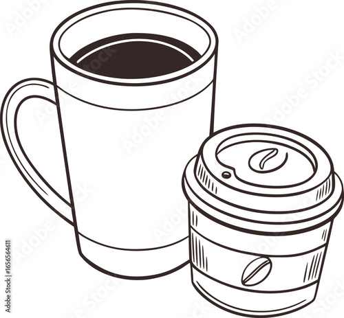 Vector art of a mug and a takeaway coffee cup isolated on white background, perfect for a quick caffeine fix