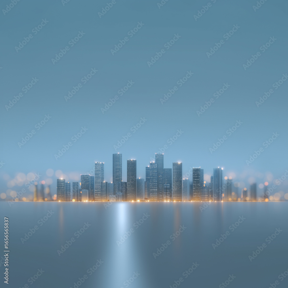 Fototapeta premium A serene cityscape at night with illuminated buildings reflecting on calm water, set against a blue background with a blurred bokeh effect.
