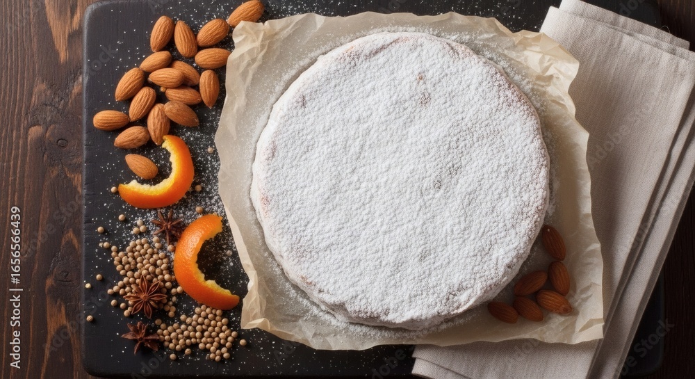 Naklejka premium Panforte di Siena – Authentic Italian Spice Cake, Traditional Christmas Dessert, Top-Down