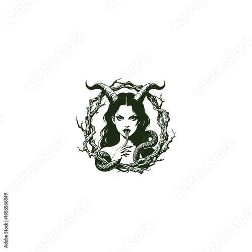 Engraving style logo illustration of a mysterious horned demon woman with sharp features, long dark hair, and pointed ears