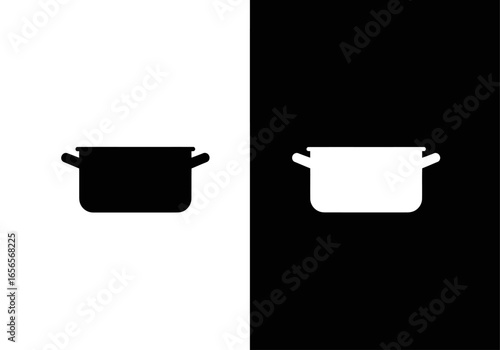 Minimalist Cooking Pot Icon: A simple and elegant icon of a cooking pot, depicted in contrasting black and white, symbolizing culinary arts and everyday life. 