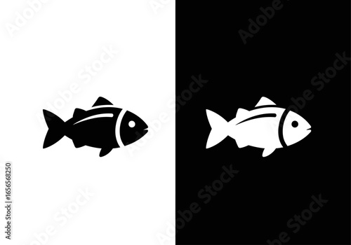 Fish Icon in Contrast: A stylized, monochrome icon of a fish, presented in both positive and negative forms against a stark black and white background. Reflecting concepts of duality and balance.