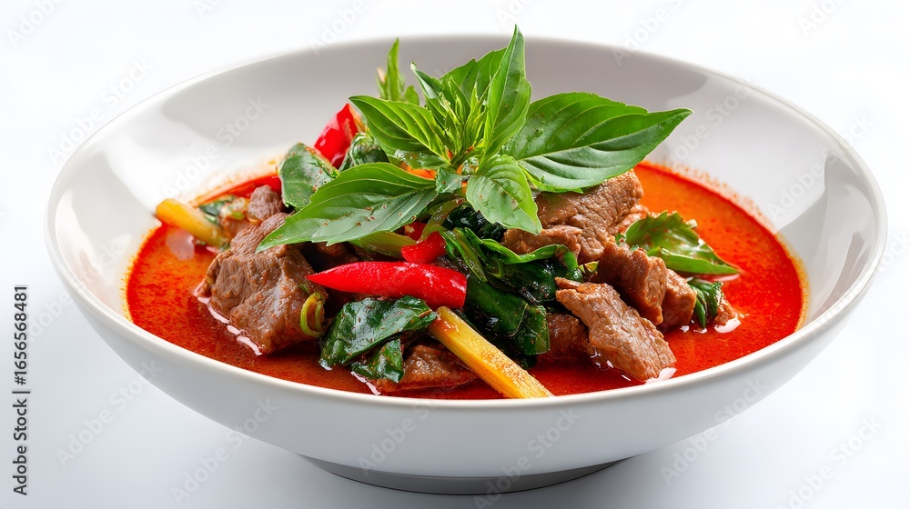 Fototapeta premium Delicious Thai red curry with beef, basil, and chili, served in a white bowl.