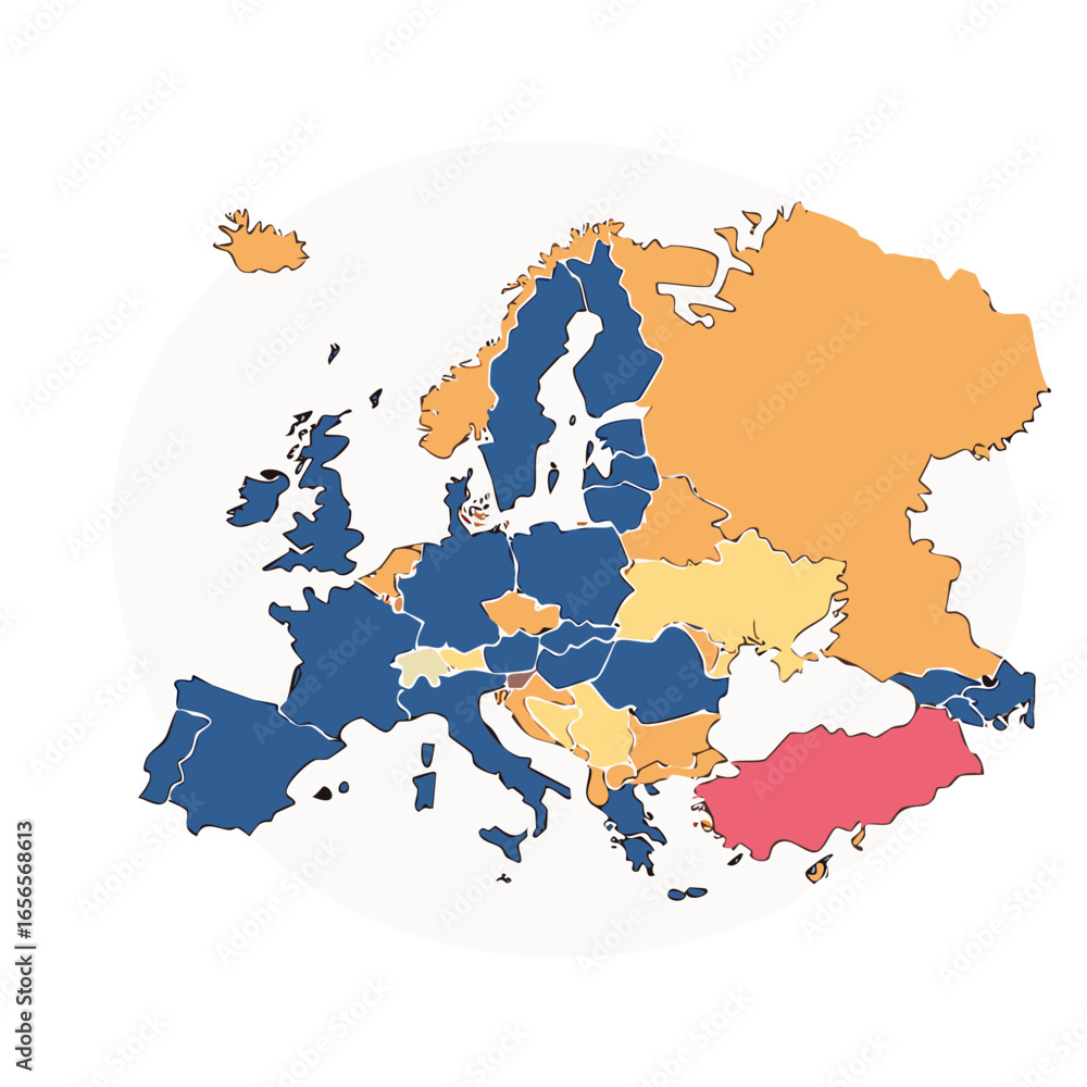 Obraz premium Detailed Map of Europe with Different Colors and Land Borders in Creative Hand Drawn Style