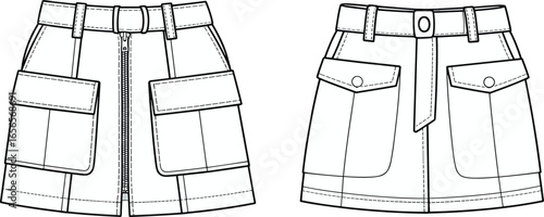 Skirt technical drawing, fashion flat sketch, apparel vector template, front pocket skirt design, belt detail, cad illustration, garment blueprint