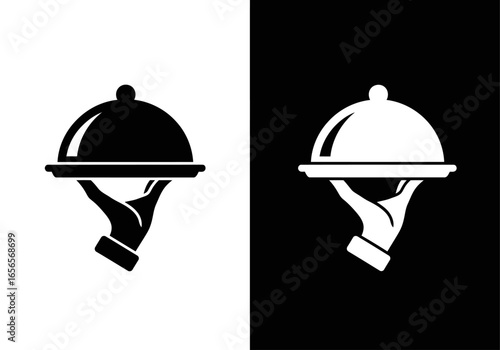 Culinary Presentation: Elegant silhouette of a hand holding a covered platter, depicting food service in both positive and negative space.
