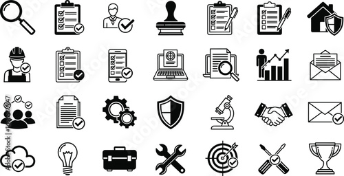 Business management icons, project checklist, quality assurance, teamwork, productivity tools, research, innovation, security, goal setting, success, corporate planning illustration