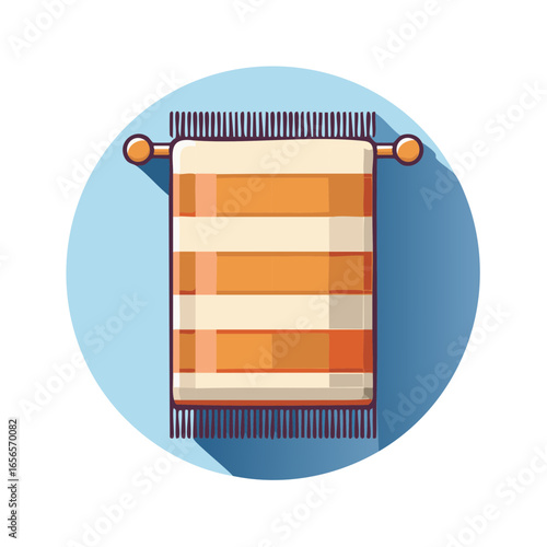 Striped orange and white towel on a towel rack in a blue circle. Illustration of a bathroom towel.