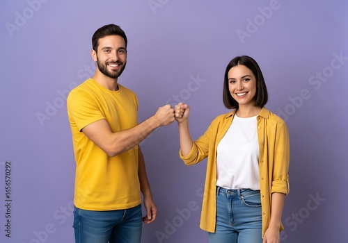 Couple fist bumping and smiling against a purple background
