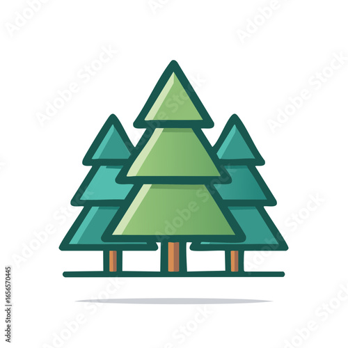 Stylized illustration of a small group of evergreen coniferous trees with an outlined design and triangular canopies