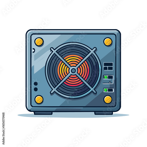 Power Supply Unit, PC component with hot fan and switches. Cooling system of the computer.