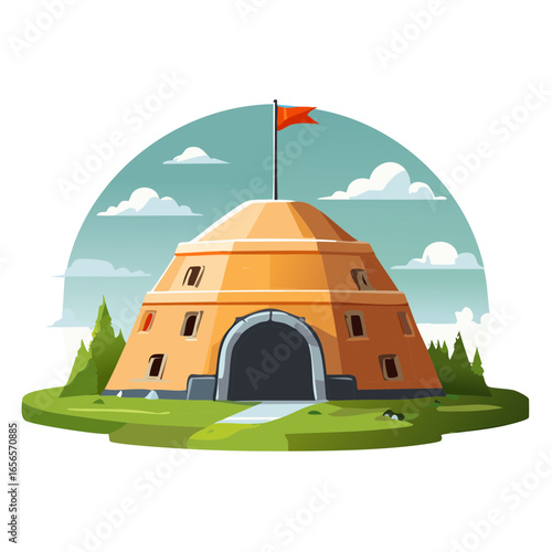 Cartoon Style Vector Illustration of a Hilltop Fort with Flag and Trees