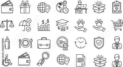 Business, finance, education, healthcare, shopping, insurance, lifestyle, line icons, modern outline style, minimal design, web, app, vector