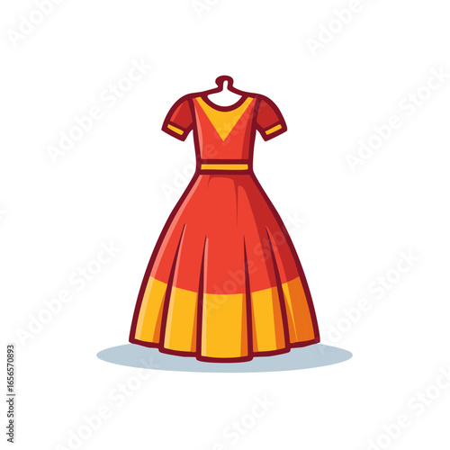 Cartoon Red and Yellow Dress on Hanger Fashion Clothing Icon Vector
