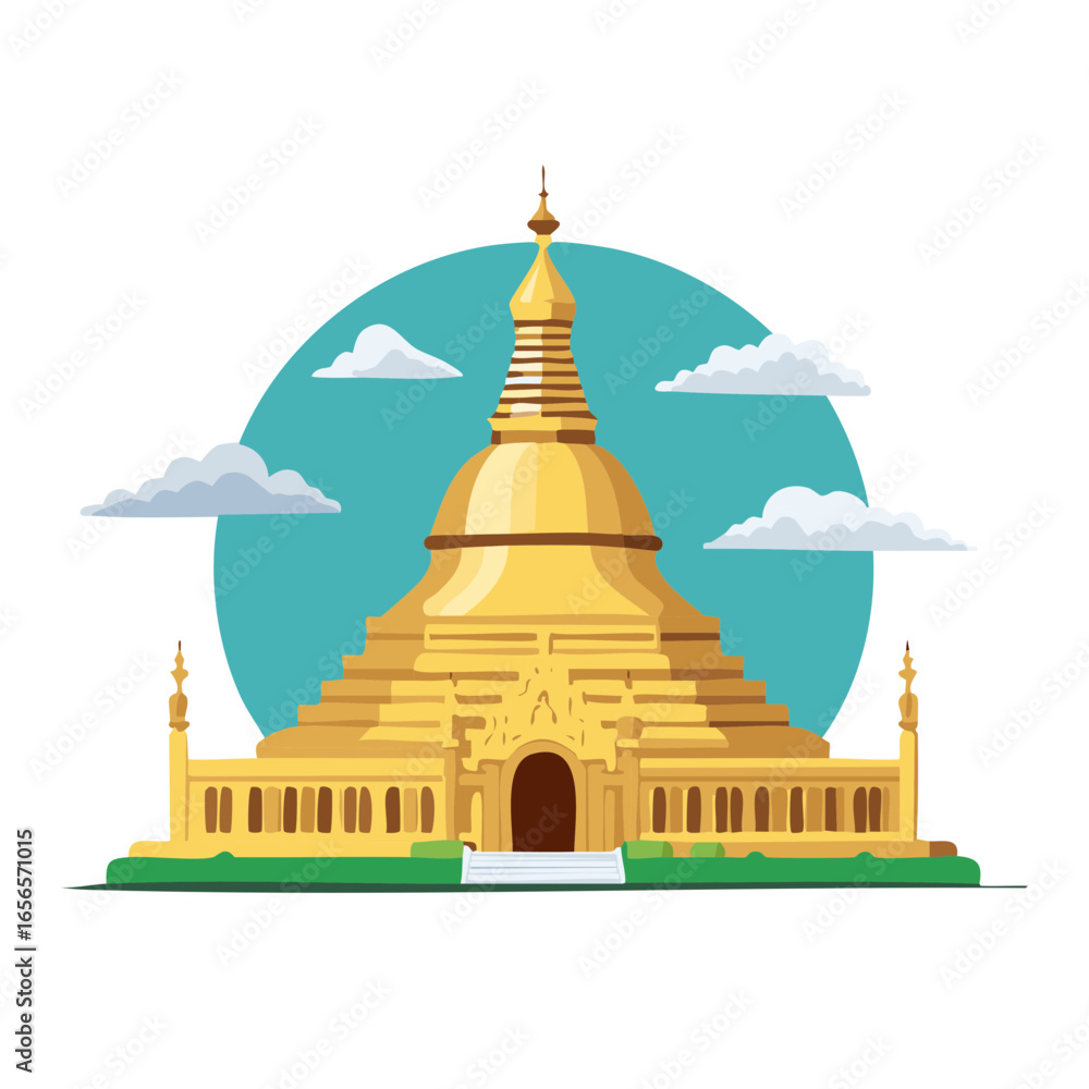 Naklejka premium Ornate Golden Pagoda Illustration with Decorative Elements and Detailed Architecture