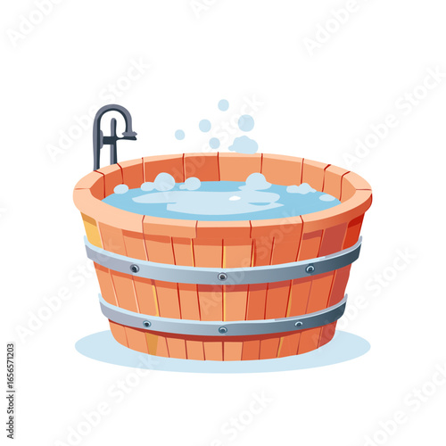 Illustration of a Wooden Bathtub with Water and Bubbles in a Spa Setting for Relaxation