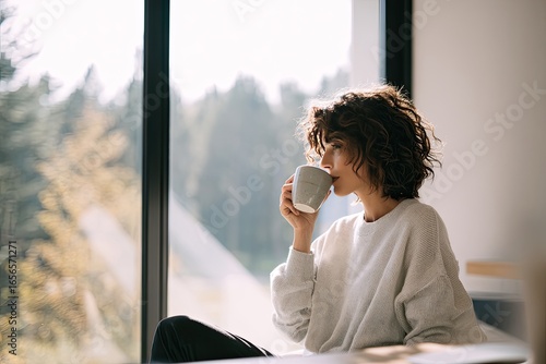 Woman sipping from mug, looking out window, forest background