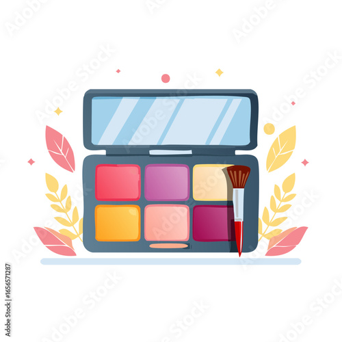 Colorful Eyeshadow Palette with Brush Beauty Product Decorative Leaf Accents Cosmetic Still Life