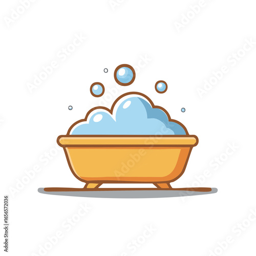 Yellow bathtub filled with foamy bubbles, cartoon style illustration for children's books or bathroom decorations, creating a relaxing atmosphere.