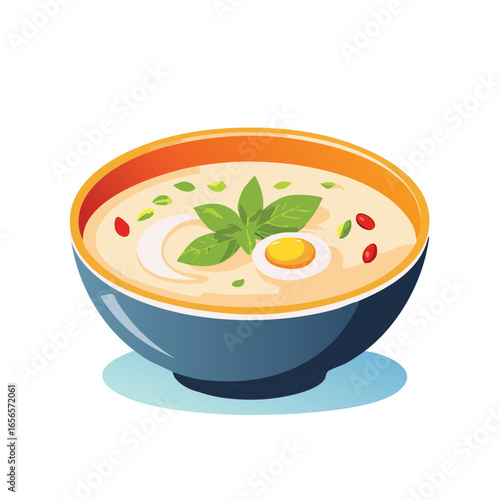 Creamy Soup Garnished with Basil Leaves and Eggs Served in a Bowl for Dinner