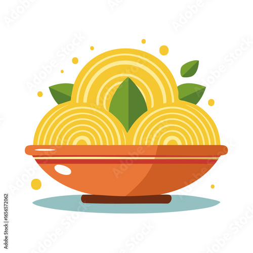 Stylish Pasta in Orange Bowl with Green Leaves and Dots Flat Design