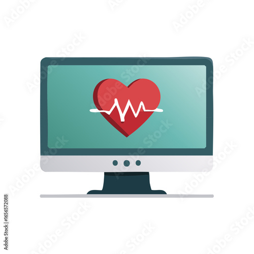 Computer screen displaying heart with heartbeat signal. Health and telemedicine concept. Medical technology.
