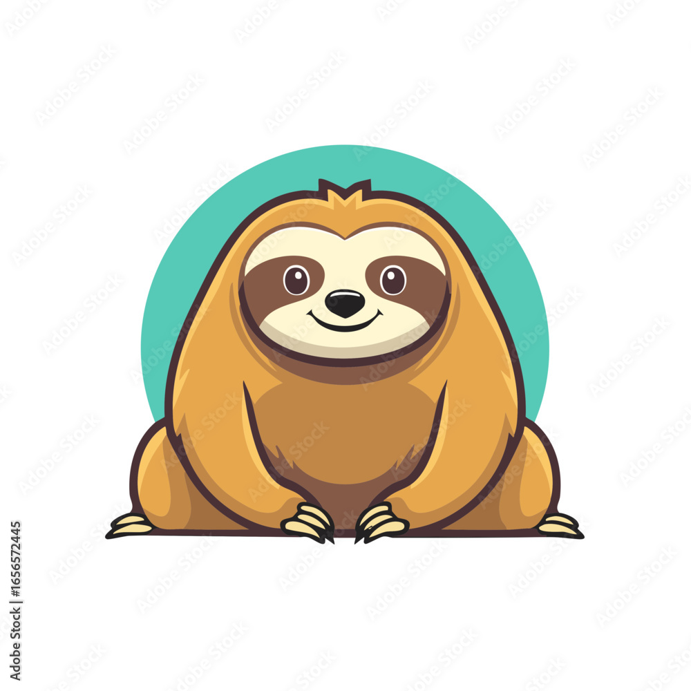 Obraz premium Cute Cartoon Sloth Sitting Isolated on White with Turquoise Circle Background Illustration