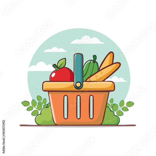 Orange basket full of fruits vegetables apple carrots pepper simple illustration