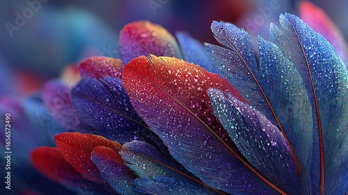 Abstract Colorful Feathers with Water Droplets Macro Close Up