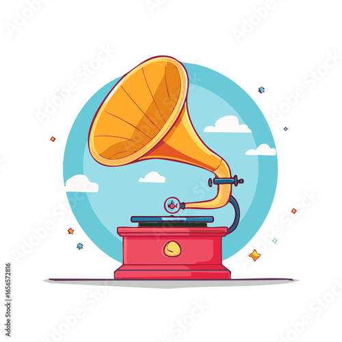 Vintage phonograph with vinyl record, horn speaker, music player with illustration style